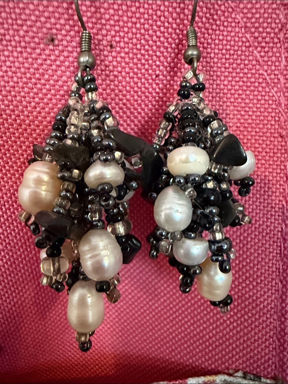 Classic Pearl and Black Bead Cluster Drop Earrings - Women Jewelry